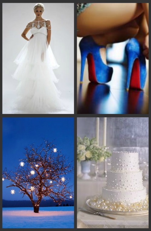 Marchesa gown, Louboutin heels, tree and Martha Stewart cake