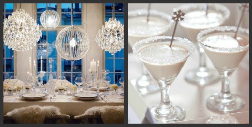 Winter tablescape with chandeliers and drinks
